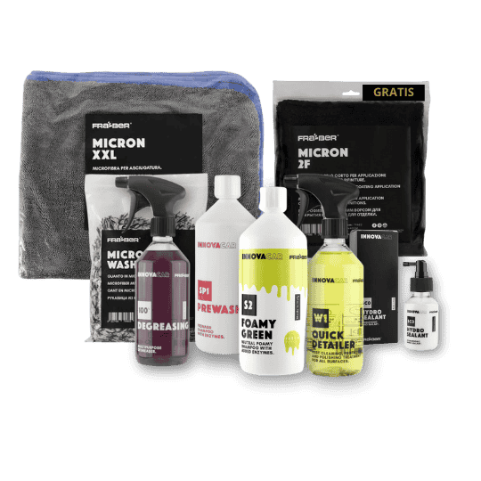 Innovacar Waschkit mit SP1, S2 Foamy, SC0, 100% Degreasing, Quick Detailer, Mikrofaser-Handschuh & Trockentuch